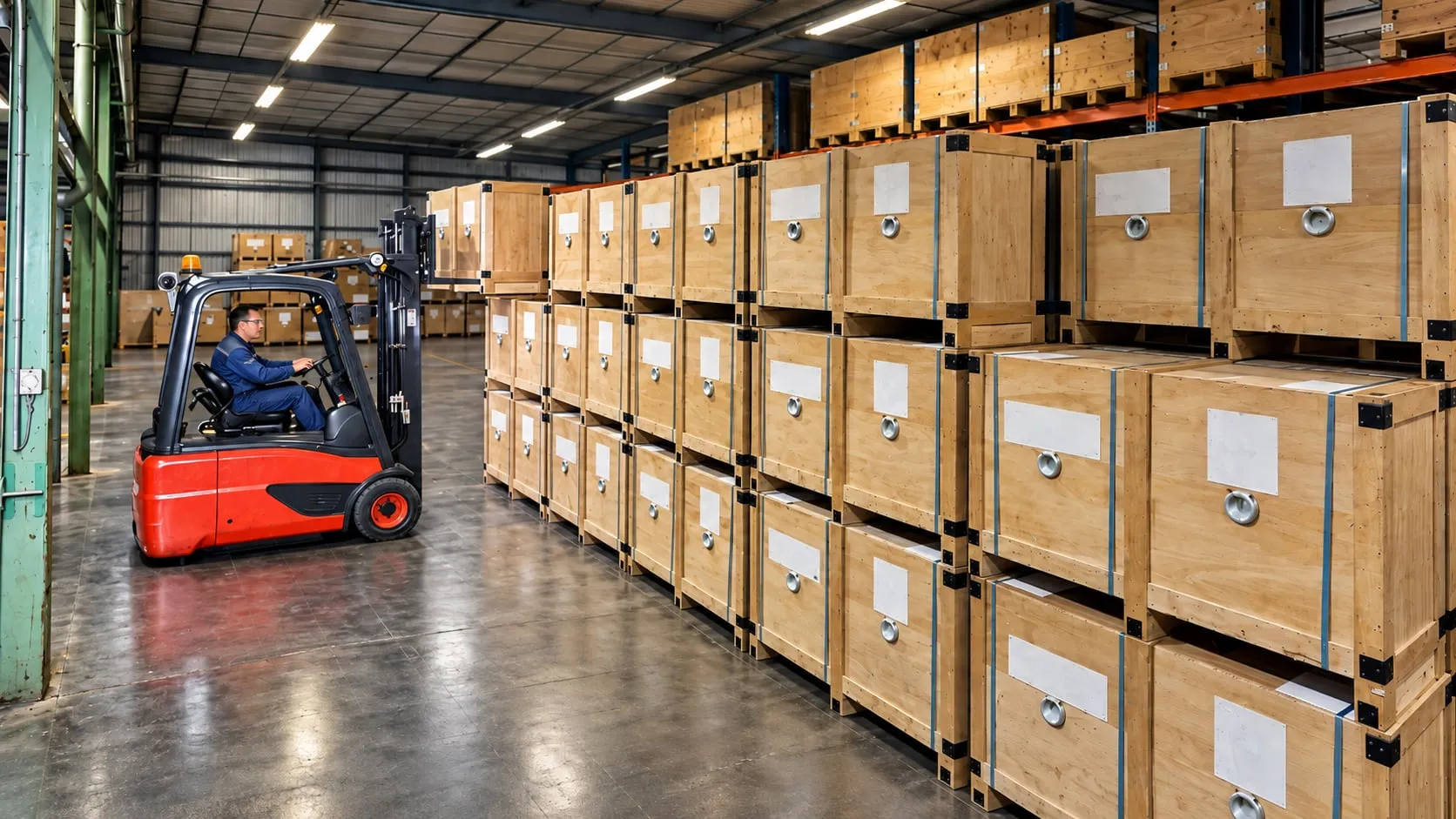 Forklift in front of crated coils