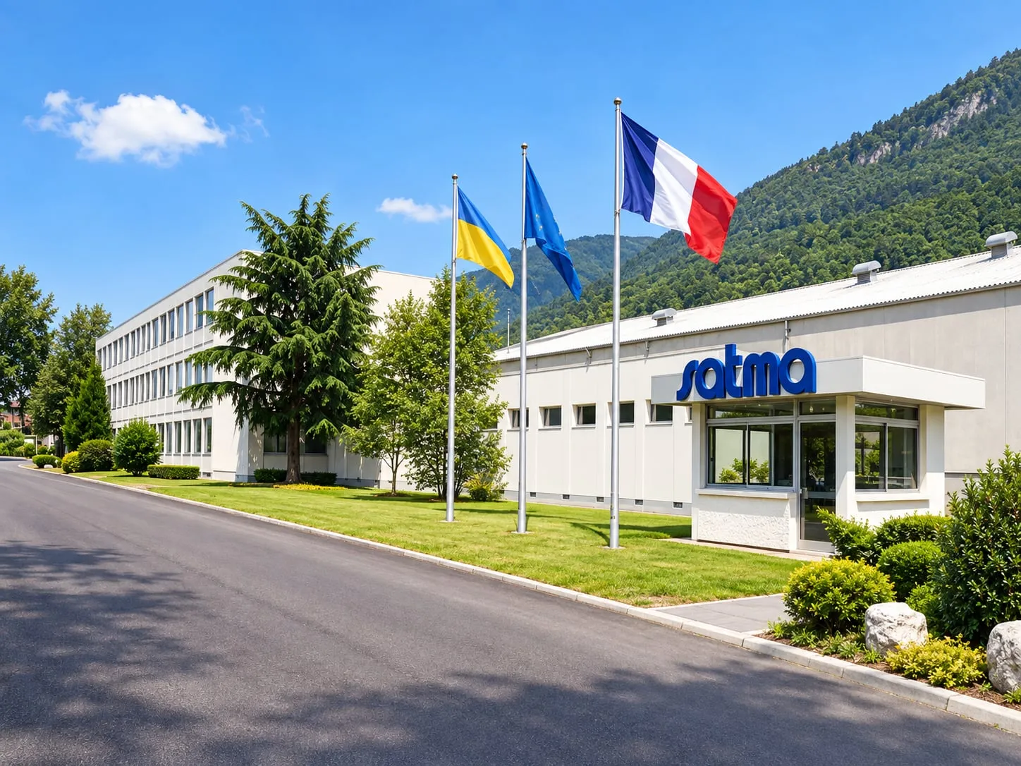 The SATMA INDUSTRIES building and its flags