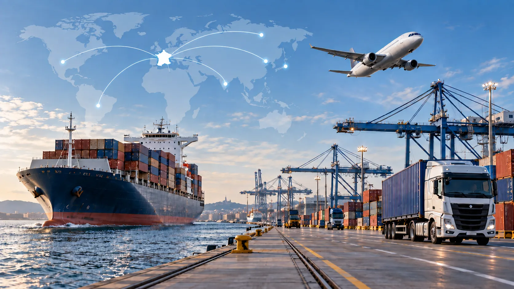 International freight: container ship, aircraft and truck