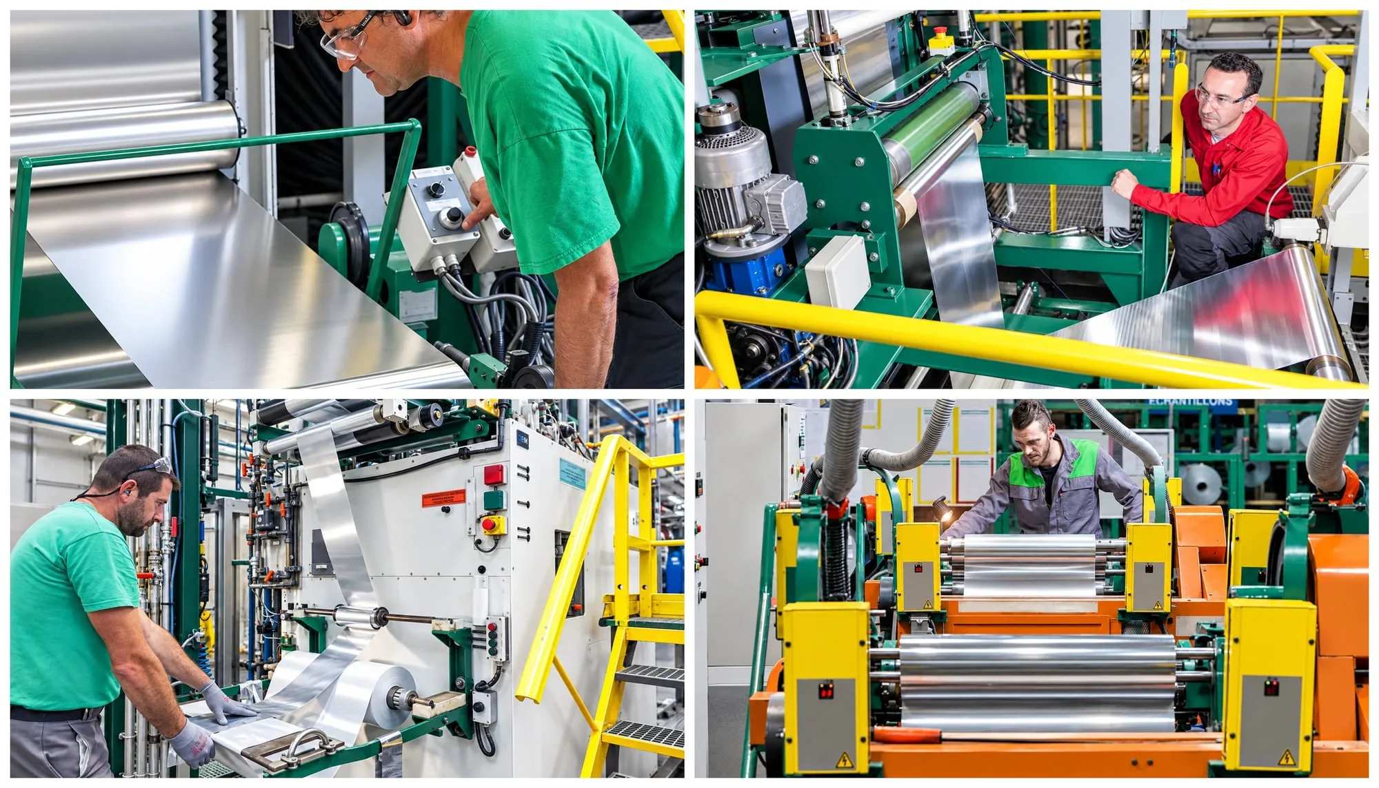 Mosaic of four views of the SATMA process: foil inspection, etching, forming and coil conditioning